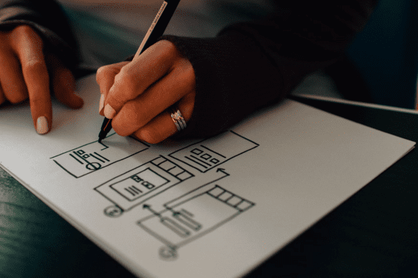 woman drawing design mockups on paper