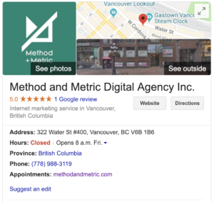 Google business listing of method and metric