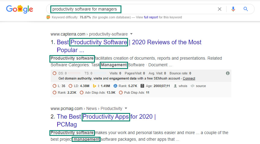 seo keyword example in google search results