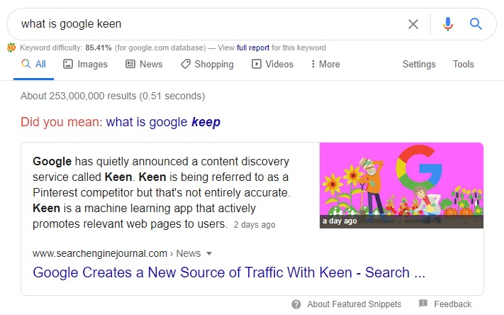 example of answer box or paragraph featured snippet in google search