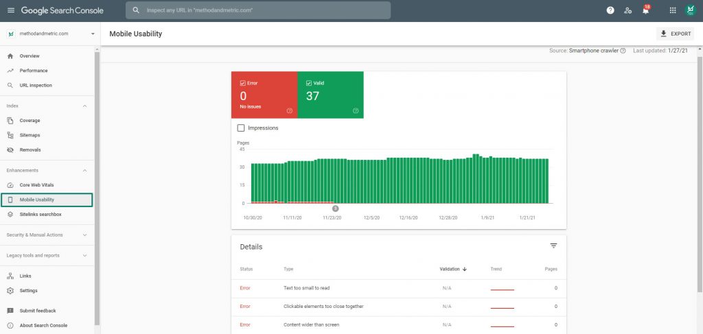 google search console mobile usability report tool screenshot