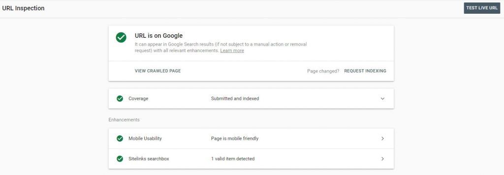 google search console url inspection tool screenshot