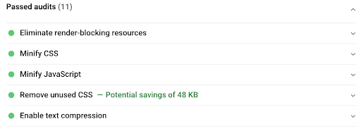 list of passed page speed audit factors