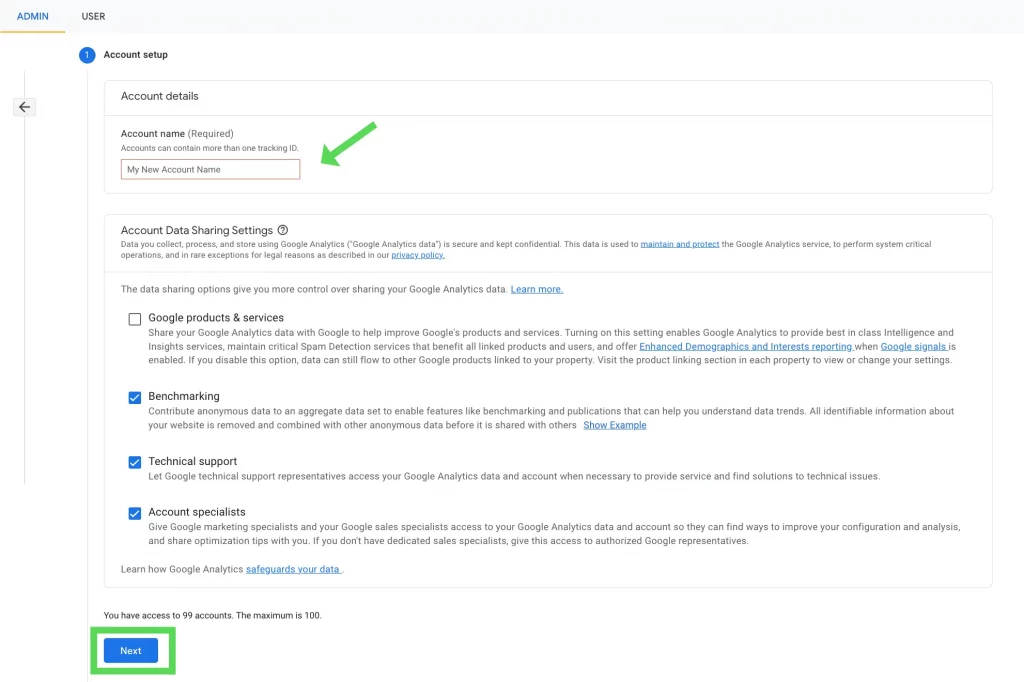 Account setup in Google Analytics 4