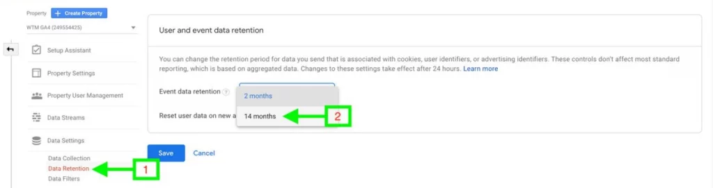 Data retention in Goole Analytics 4