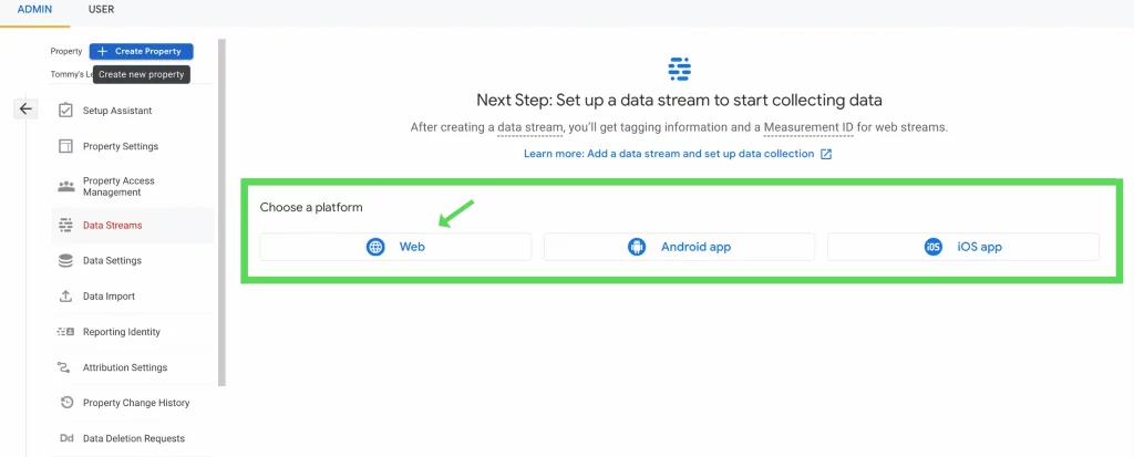 Setup a data stream in Google Analytics 4