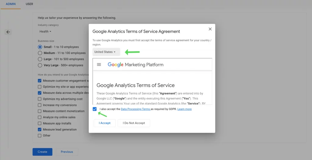 Google Analytics Terms of Service Agreement in Google Analytics 4