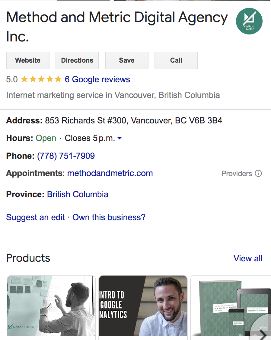 Image of Method and Metric's Google Business Profile, illustrating what an optimized profile looks like.